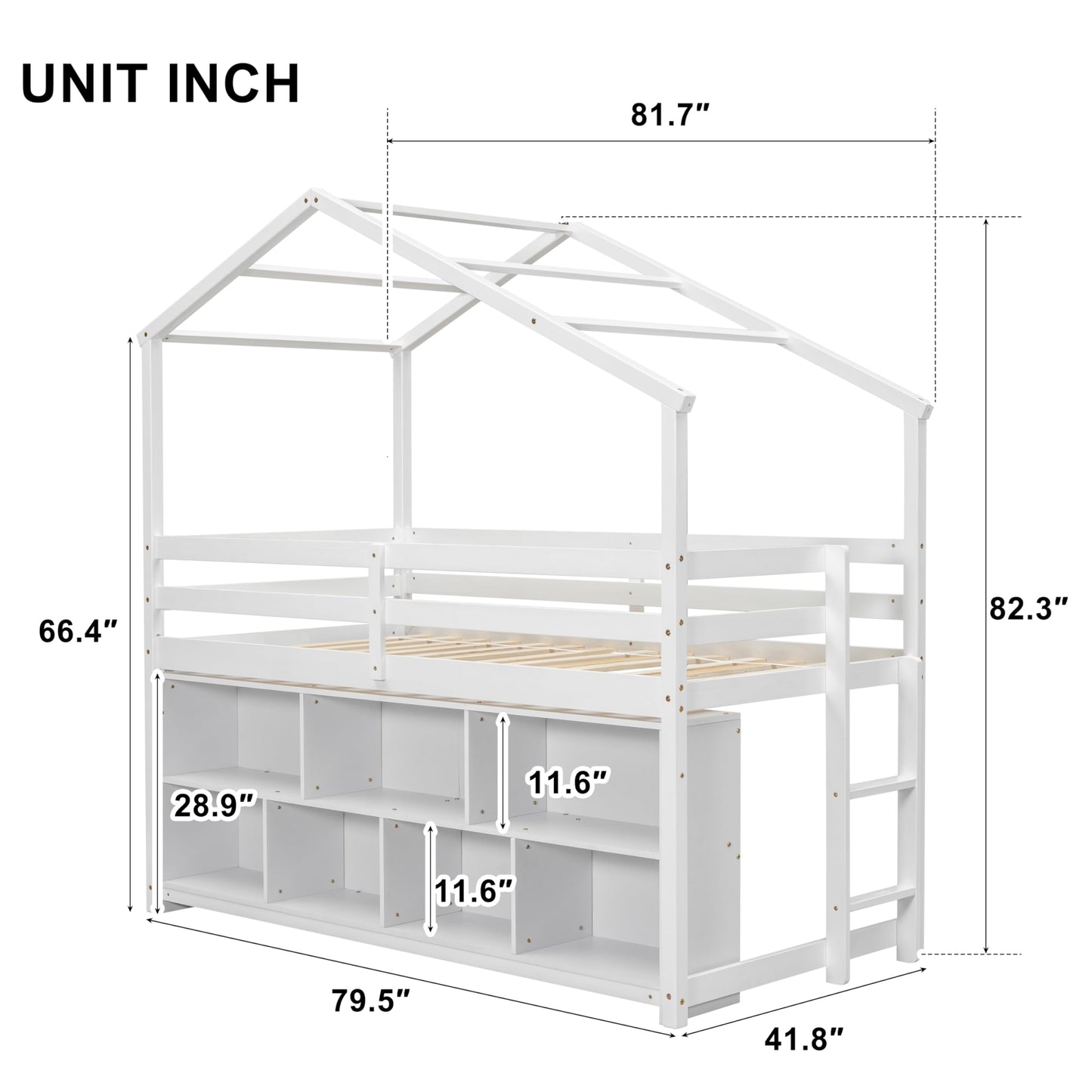 UOCFYK Twin Size House Loft Bed with Shelves & Roof for Kids Boys Girls, Solid Wood Bedframe w/Safety Guardrails & Wooden Slats Support,Easy Assemble & No Box Spring Needed, White