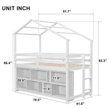 UOCFYK Twin Size House Loft Bed with Shelves & Roof for Kids Boys Girls, Solid Wood Bedframe w/Safety Guardrails & Wooden Slats Support,Easy Assemble & No Box Spring Needed, White