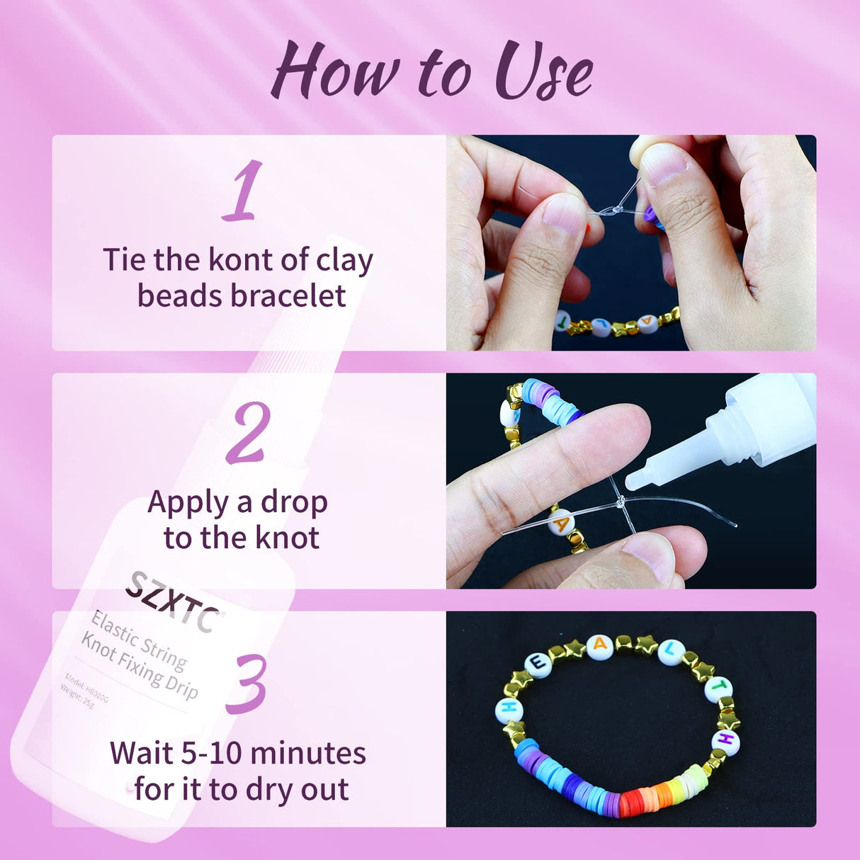 2 Pcs Clay Beads Bracelets Professional Elastic String Kont Fixing Drip, Keep Stretch String Braclet Stay Tied for Flat Round Polymer Heishi Beads Spacer Charm Friendship Jewelry Making Kit SZXTC