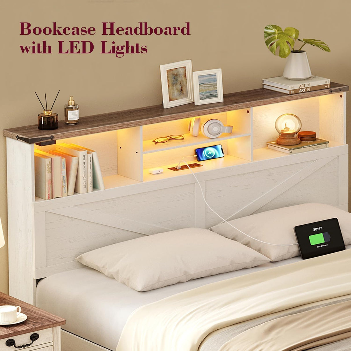 ROCHECASA Twin Bed Frame with Bookshelf, Bookcase High Headboard with Charging Station and LED Light, Farmhouse Bed with Storage Drawers, No Box Spring Needed, Noise Free, Easy Assembly, Antique White ROCHECASA
