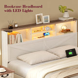 ROCHECASA Twin Bed Frame with Bookshelf, Bookcase High Headboard with Charging Station and LED Light, Farmhouse Bed with Storage Drawers, No Box Spring Needed, Noise Free, Easy Assembly, Antique White ROCHECASA