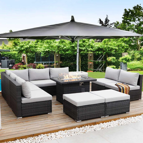 BULEXYARD 10 Piece High Back Wicker Patio Furniture Set with Firepit, All-Weather L-Shape Outdoor Sectional Couch 9-Person, Extra Comfortable Wide Deep Backyard Seating Group with Ottoman, Light Grey BULEXYARD