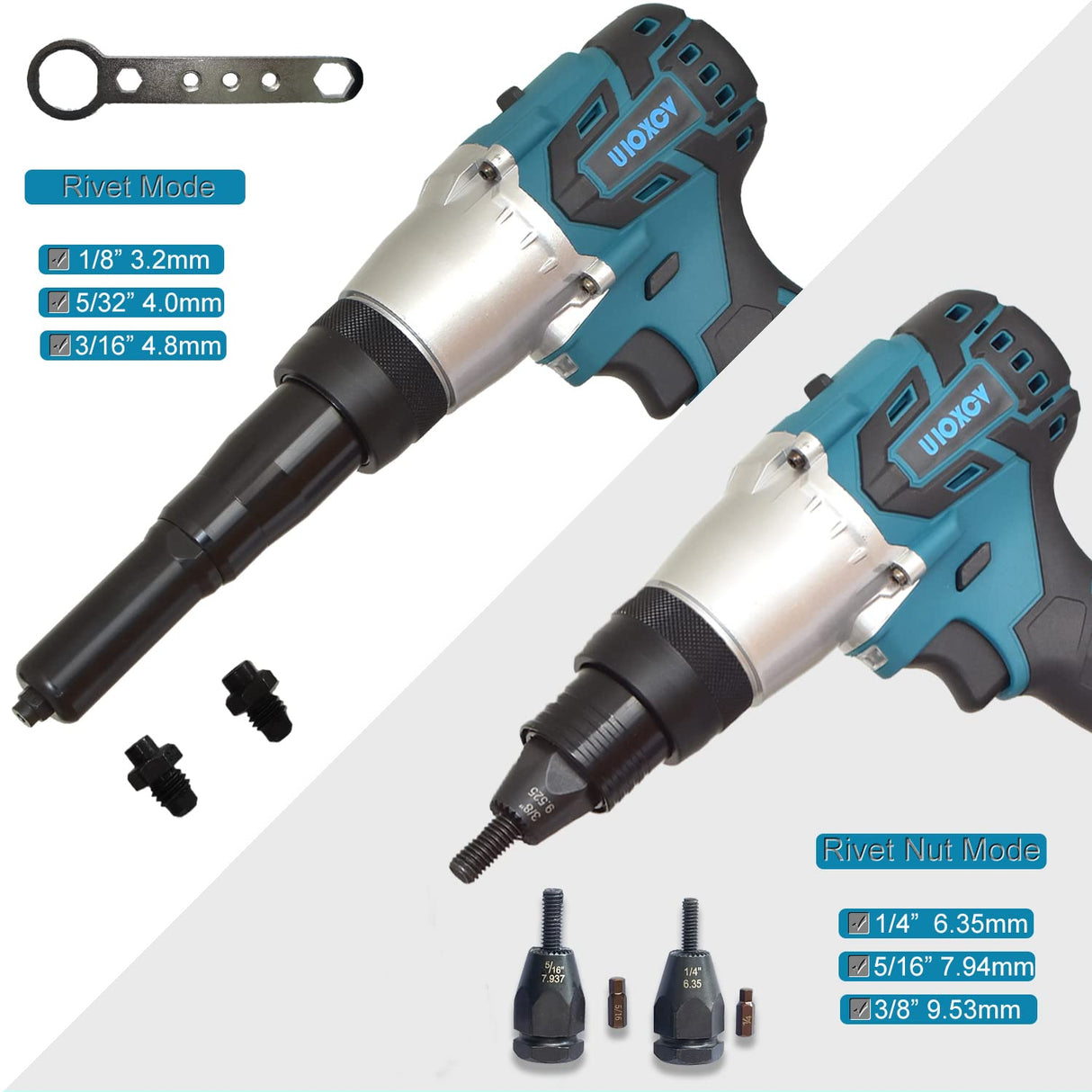 uioxcv Cordless Rivet Tool, 2-in-1 Electric Rivet Nut Gun for Rivets(1/8'', 5/32'', 3/16") & Rivet Nuts (1/4",5/16",3/8"), Automatic Blind Rivet uioxcv