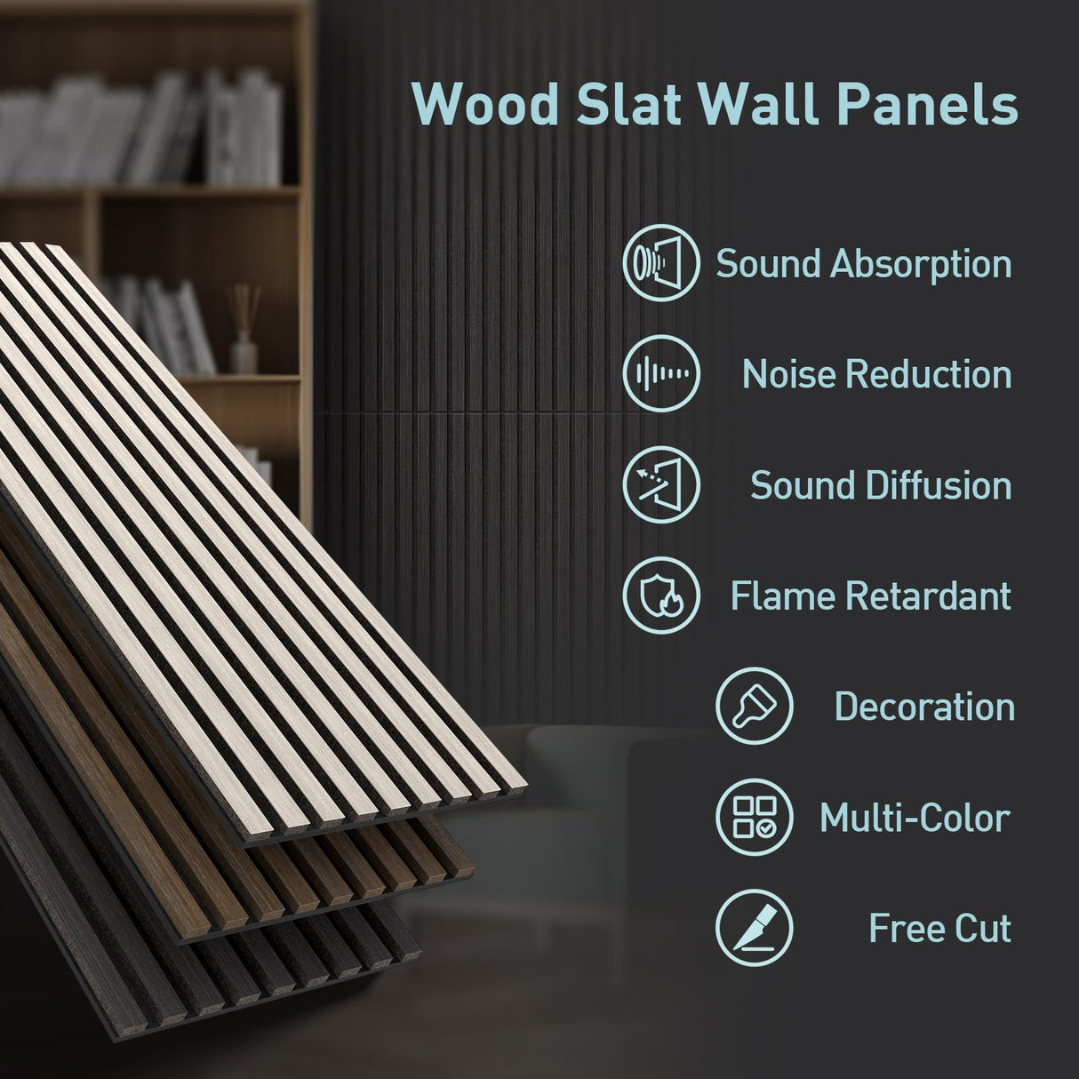 UMIACOUSTICS Wood Slat Wall Panels, 4 PCS Diffusion Panels, Decorative Sound Absorbing Panels for Home Office Cinema -Ebony UMIACOUSTICS