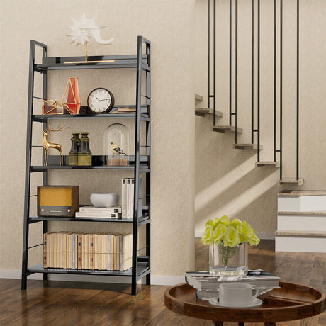 Himimi Black Ladder Bookshelf, 5 Shelf Bookcase Industrial Bookshelf Wood and Metal Bookshelves, Plant Flower Stand Rack Book Storage Shelves for Living Room, Bedroom, Home Office Himimi