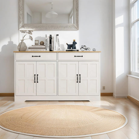 Sideboard Buffet Cabinet with Storage, 55" Large Kitchen Storage Cabinet with 2 Drawers and 4 Doors, Wood Coffee Bar Cabinet Buffet Table Console Cabinet for Kitchen Dining Room, White Locsear