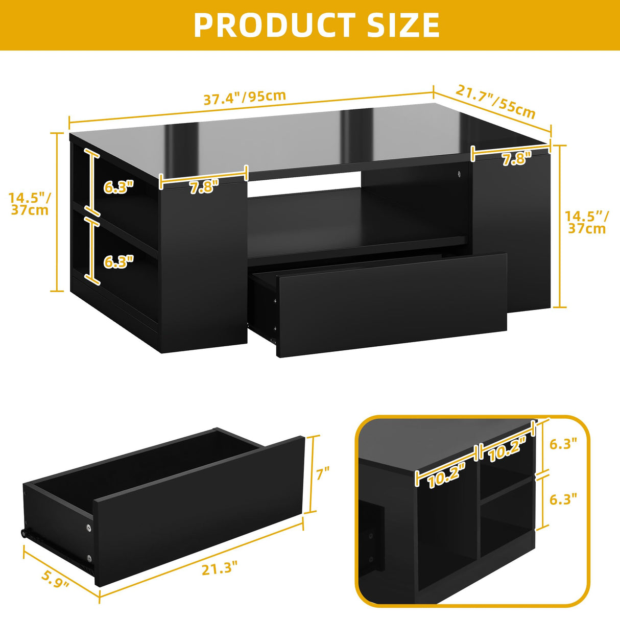 DWVO LED Modern Coffee Tables for Living Room, High Gloss Black Coffee Table with Storage, Small Wood Center Coffee Table with Open Side Shelf and 2 Sliding Drawers, Black DWVO