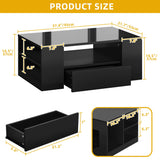DWVO LED Modern Coffee Tables for Living Room, High Gloss Black Coffee Table with Storage, Small Wood Center Coffee Table with Open Side Shelf and 2 Sliding Drawers, Black DWVO