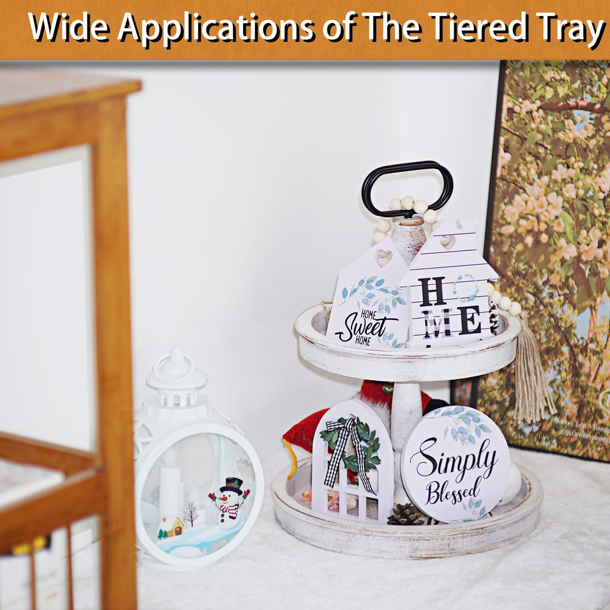 Decorative Tray - Two Tiered Tray Cupcake Stand Farmhouse Rustic 2 Tiered Serving Tray for Home and Kitchen Decor, Party, Weddings-Holiday Decoration Customizable Display Options(White) Krismax