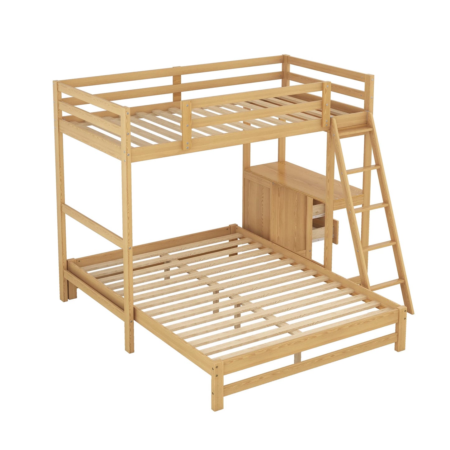 Twin Over Full Bunk Bed with Desk and 3 Storage Drawers, Convertible Into a Twin Size Loft Bed & Full Size Platform Bed, Wood L-Shaped Bunk Beds for Kids, Teens, Adults, Natural