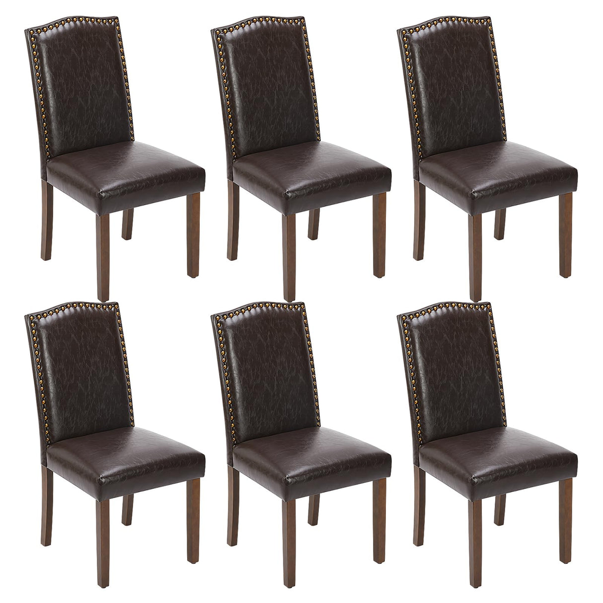 Sweetcrispy Dining Chairs Set of 6, Upholstered Leather Kitchen Room Chairs Mid Century Modern High-End Dining Room Side Chairs with Nailhead Trim and Wood Legs for Bedroom, Living Room, Brown Sweetcrispy