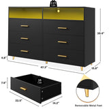 EnHomee Black Dresser for Bedroom with 6 Drawers and Shelves,Modern Wood Dresser with LED Lights,Large TV Stand,Hallway,47.3" W x 39.4" H x 15.8" D,Black EnHomee