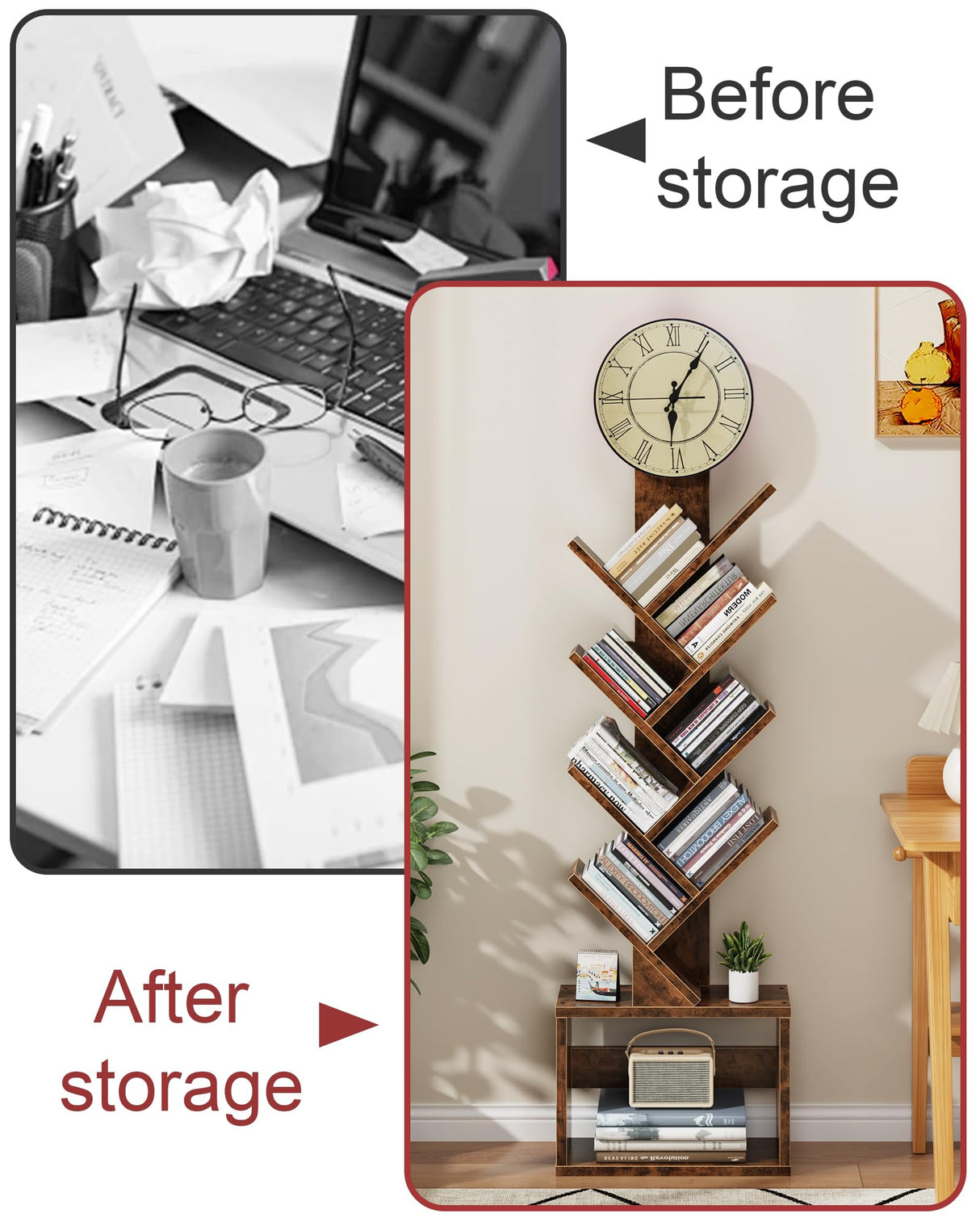 HIGDBFE 7 Tier Tree Bookshelf with Clock and Storage Cabinet, Small Narrow Floor Standing Bookcase for Bedroom, Living Room, Home Office, Rustic Brown HIGDBFE