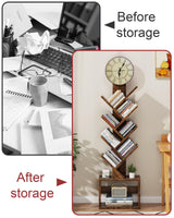 HIGDBFE 7 Tier Tree Bookshelf with Clock and Storage Cabinet, Small Narrow Floor Standing Bookcase for Bedroom, Living Room, Home Office, Rustic Brown HIGDBFE