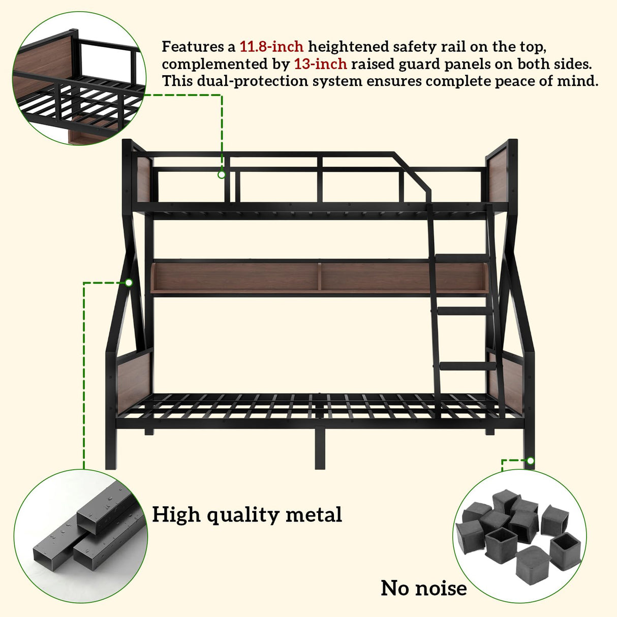 HKOLIE Twin XL Over Queen Bunk Bed with Storage Shelves & LED Lights, Heavy Duty Metal Bunk Bed Frame with Stairs, Noise-Free Design, Space-Saving Bed with Guardrails for Kids, Teens & Adults, Black HKOLIE