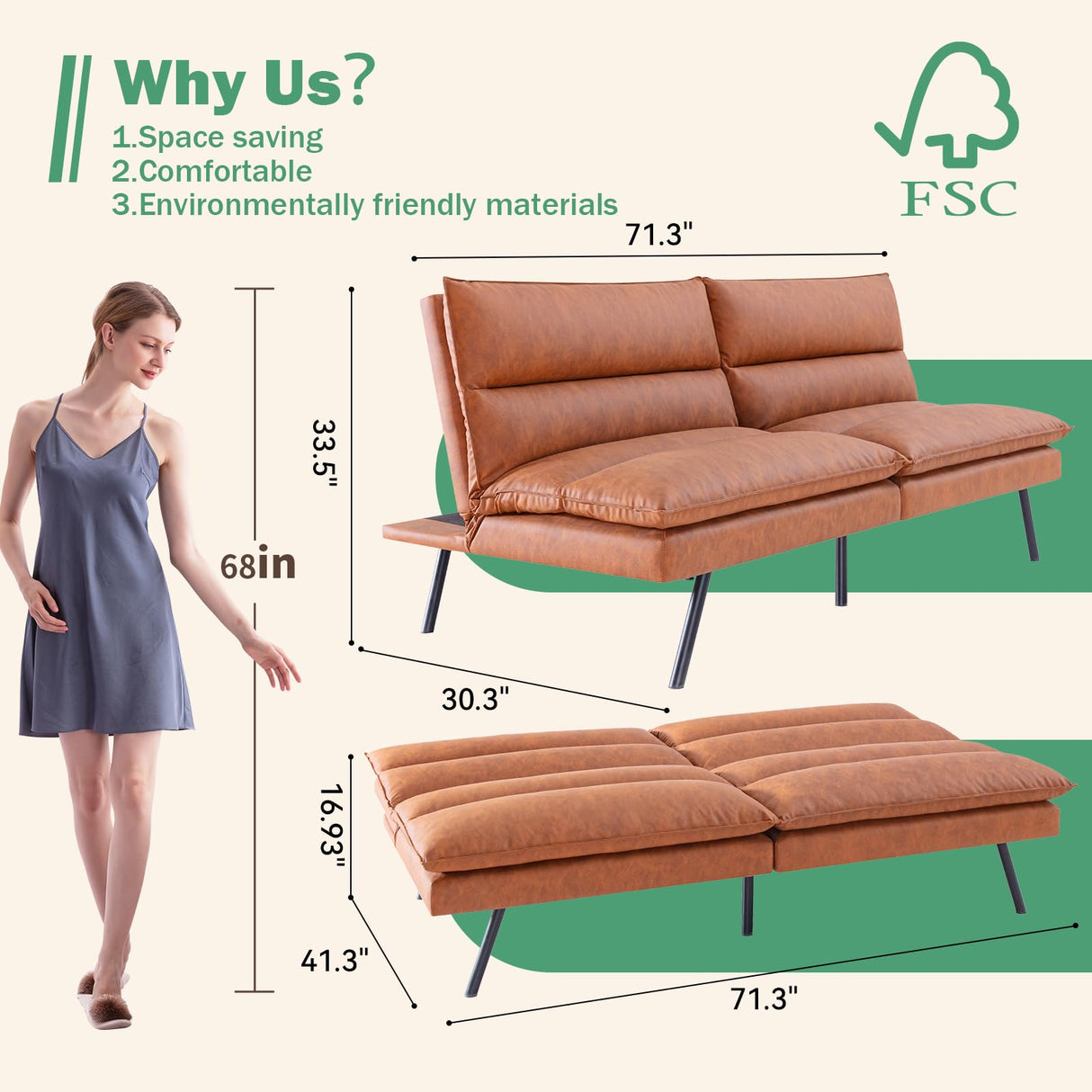 Vyfipt SF-534CH Sofa Bed, Saddle Brown Vyfipt