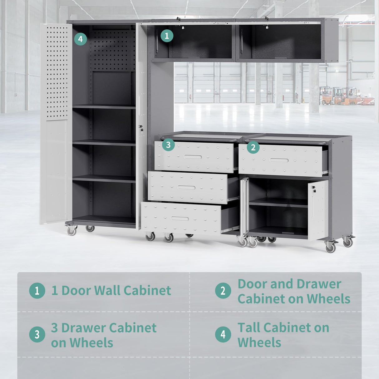 AQY Metal Garage Storage Cabinets System,5 Piece Workshop Steel Cabinet Set Included Lockable Garage Storage Cabinet with Drawers Shelves Rolling Chest and Wheels,Assembly Required AQY