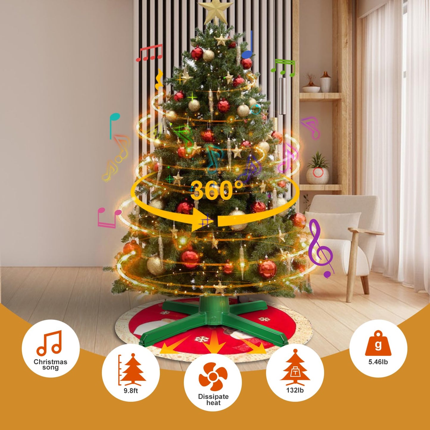 Musical Rotating Christmas Tree Stand, Up to 9.8 FT 132 LB Artificial Christmas Tree, Remote Control Music and Lights, 360° Rotating Christmas Tree Stand, Sturdy and Durable Christmas Tree Base