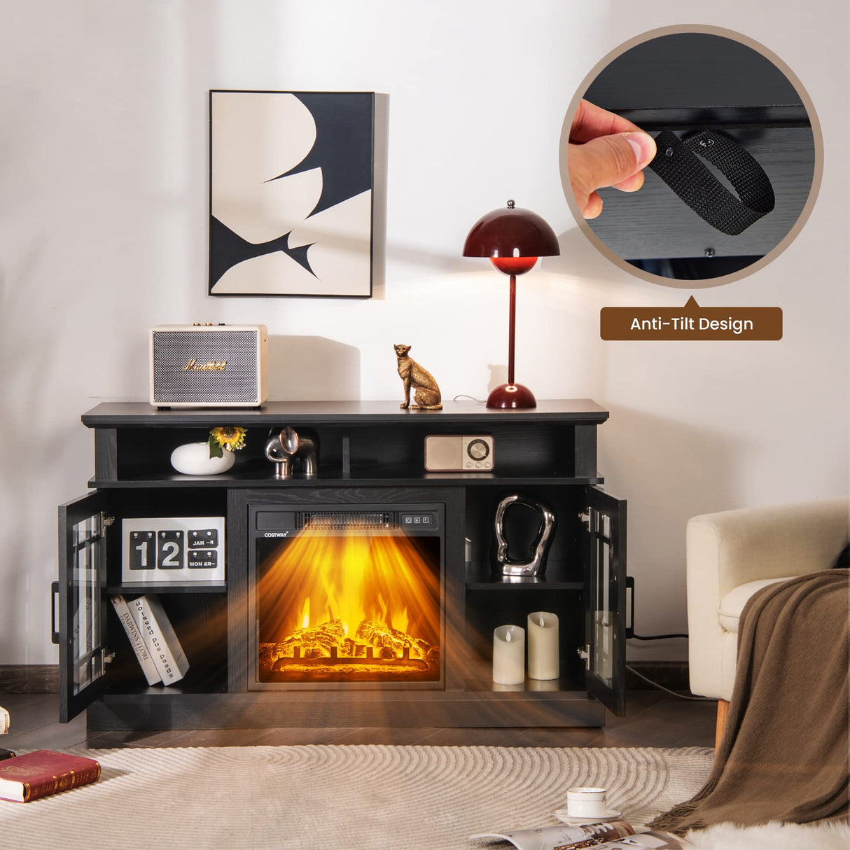 Happygrill Electric Fireplace TV Stand Up to 55 Inches, 48 Inch TV Stand w/Heater, Remote & Storage, Overheat Protection, Wooden Entertainment Center w/Adjustable Shelves for Living Room, Black HAPPYGRILL