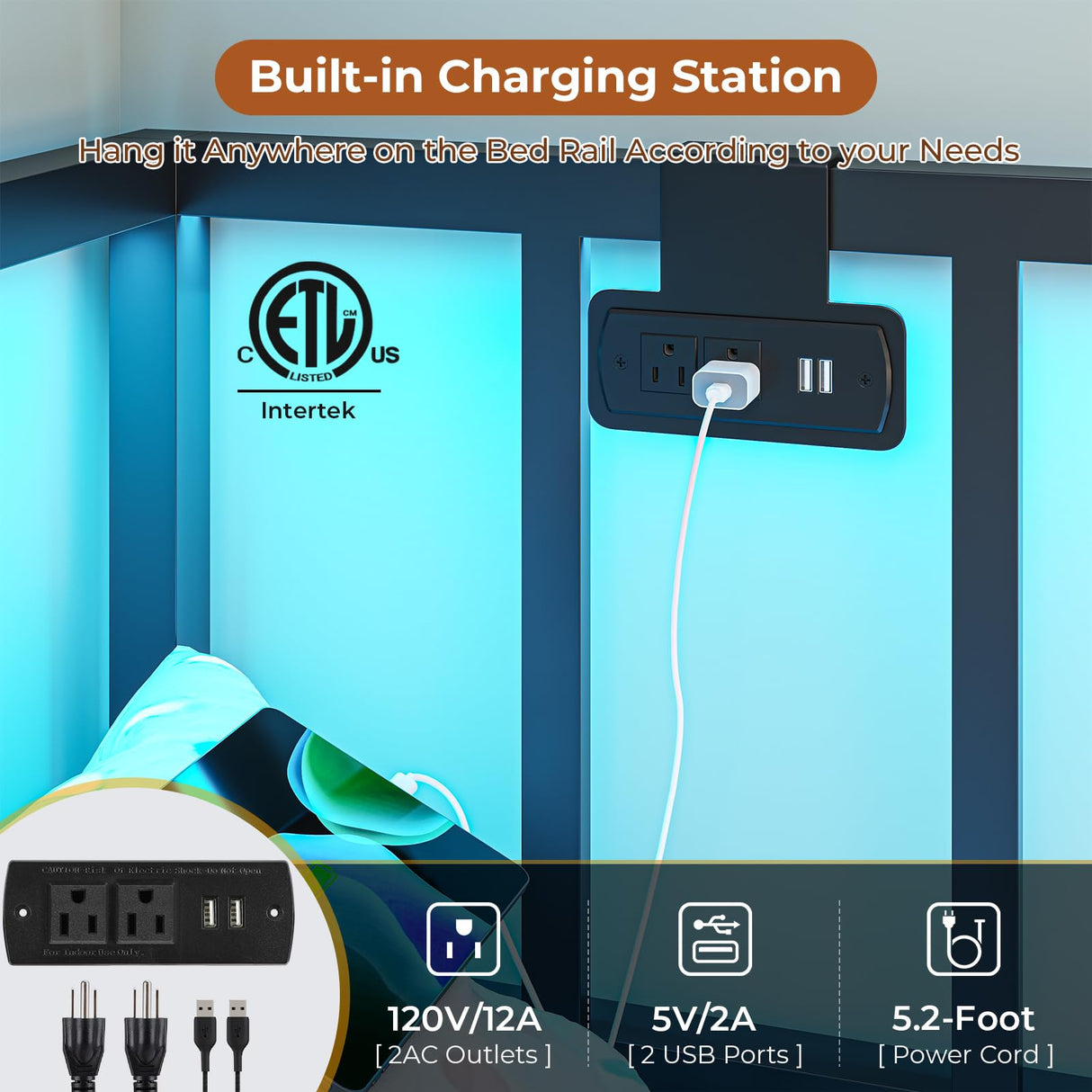 DICTAC Twin Size Corner Bed Frame with 2 Storage Drawers and Led Lights Metal Platform Bed Frame with Charging Station Modern Twin Daybed Frame for Living Room, Bedroom and Guest Room, Black&Gray DICTAC