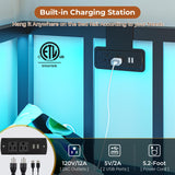 DICTAC Twin Size Corner Bed Frame with 2 Storage Drawers and Led Lights Metal Platform Bed Frame with Charging Station Modern Twin Daybed Frame for Living Room, Bedroom and Guest Room, Black&Gray DICTAC