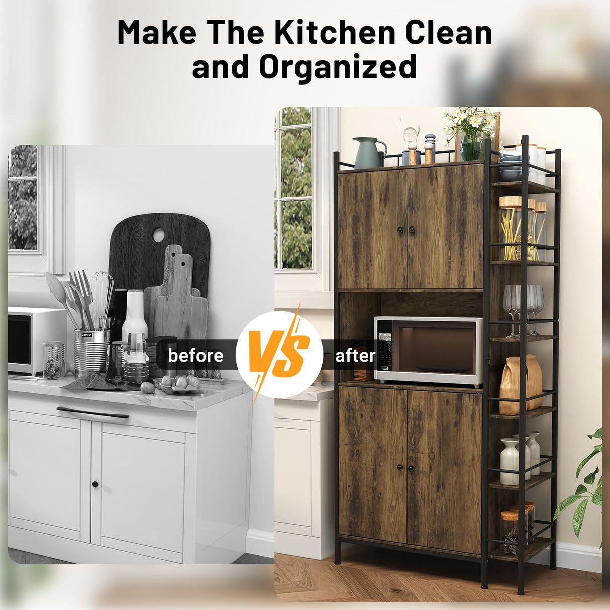 Seeday Industrial Style Kitchen Pantry Storage Cabinet, Brown Tall Kitchen Hutch with Microwave Stand, Food Pantry Cabinet with Side 6 Shelves and 2 Doors for Dining Room, Living Room Seeday