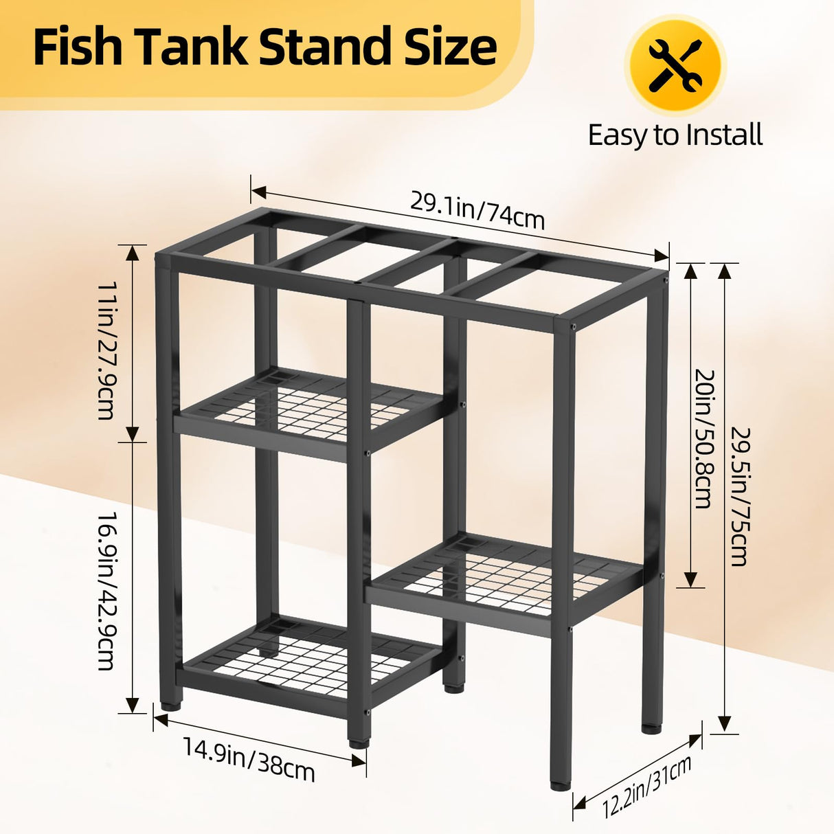 KDSOM 20 Gallon Fish Tank Stand Aquarium Stand, Metal Fish Tank Table, 3 Tier Turtle Reptile Terrarium Tank Stand for Home Office, 29.1" X 12.2" X 29.5", Black KDSOM