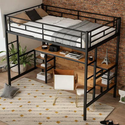 UOCFYK Twin Size Loft Bed with Desk and Shelves, Heavy Duty Metal with Built-in 2 Side Ladders & Safety Guardrail for Kids, Teen, Adults, Save Space & No Box Spring Needed, Black