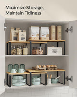 SONGMICS Cabinet Organizer Shelf, Set of 2 Kitchen Counter Shelves, Kitchen Storage, Spice Rack, Stackable, Expandable, Metal and Engineered Wood, Ink Black and Natural Beige UKCS200B01 SONGMICS