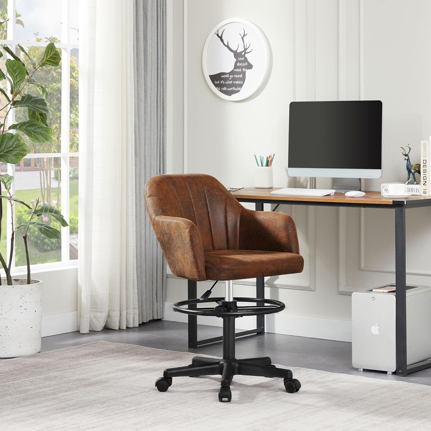 VECELO Drafting Chair with Height-Adjustable, Lumbar Support and Footrest, for Standing Desk Bedroom Vanity Office Living Computer Room - WoodArtSupply