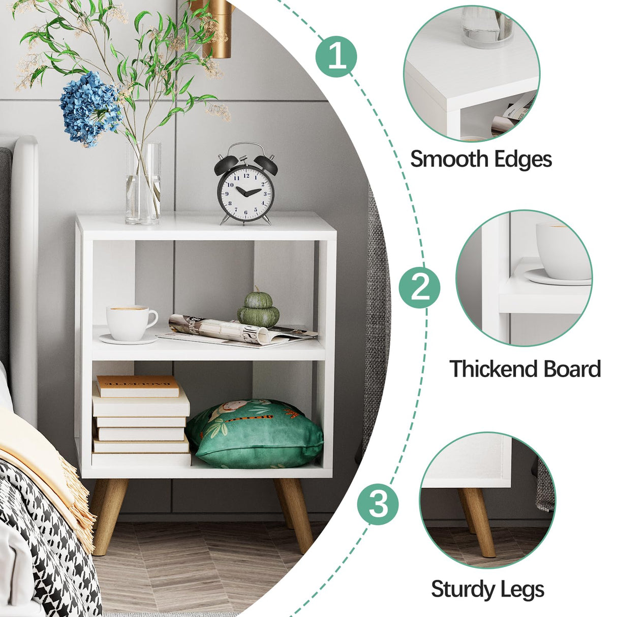 Aenuert Night Stand, White Kids Nightstand, Modern End Table with Open Storage, 2-Tier Nursery Bedside Table for Small Space, Living Room, Bedroom Aenuert