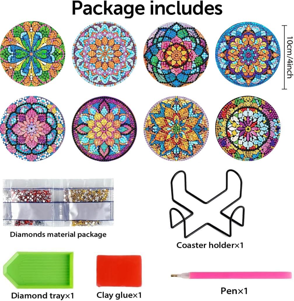 CAMOYAI 8 pcs Mandala Diamond Art Coasters Kits with Holder, Stained Glass Flowers Diamond Painting Coasters for Adults Beginners,Diamond Art Painting Kits for Gift CAMOYAI