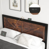 DOGIBIXO Rustic Brown Full Size Bed Frame with LED Lights, Charging Station, and Vintage Barn Door Headboard DOGIBIXO