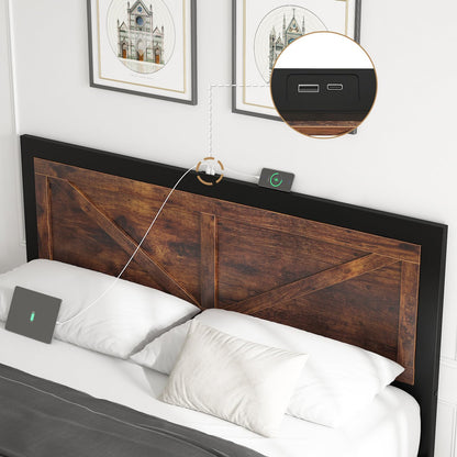 DOGIBIXO Rustic Brown Full Size Bed Frame with LED Lights, Charging Station, and Vintage Barn Door Headboard - WoodArtSupply