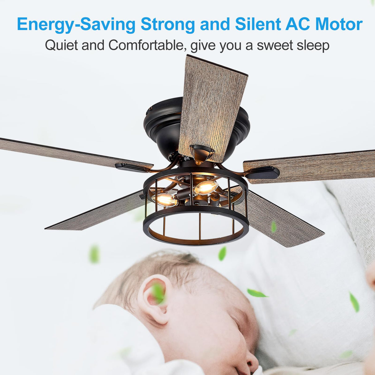 Breezary 52 Inch Flush Mount Farmhouse Ceiling Fan with Light and Remote, Reversible AC Motor, 5 Dual Finish Blades, Industrial Low Profile Black Ceiling Fan light for Bedroom Home Breezary