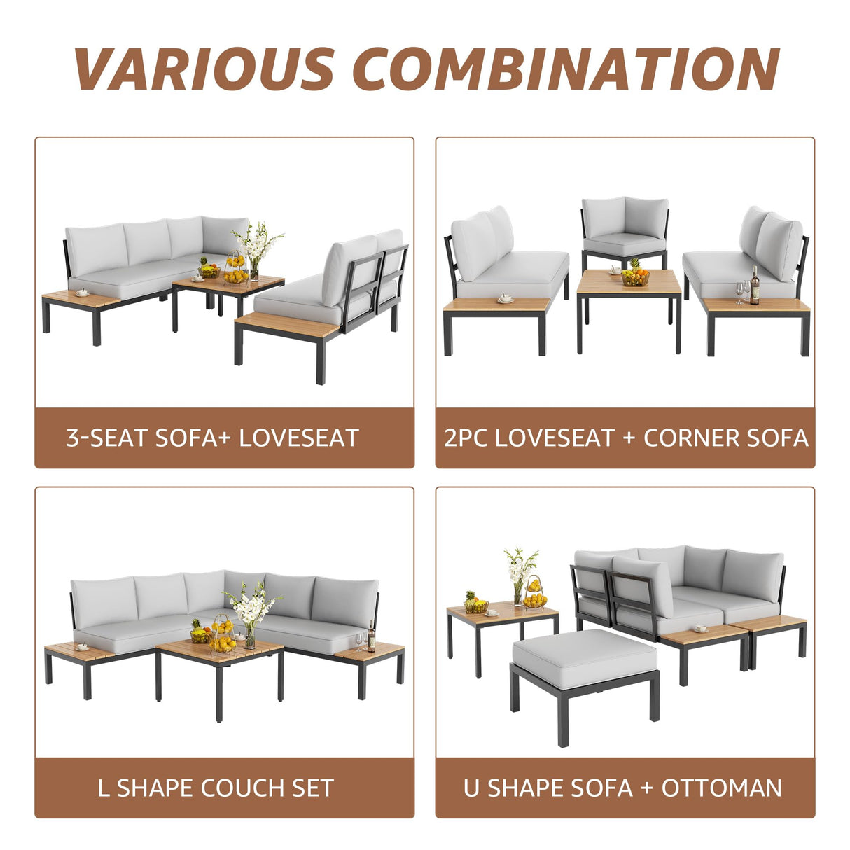 NATURAL EXPRESSIONS Patio Furniture Sets, L Shape Patio Sectional Metal Outdoor Sectional Corner Sofa Outdoor Couch with Detachable Backrest,3 Fauxwood Tables,5” Grey Olefin Cushions NATURAL EXPRESSIONS