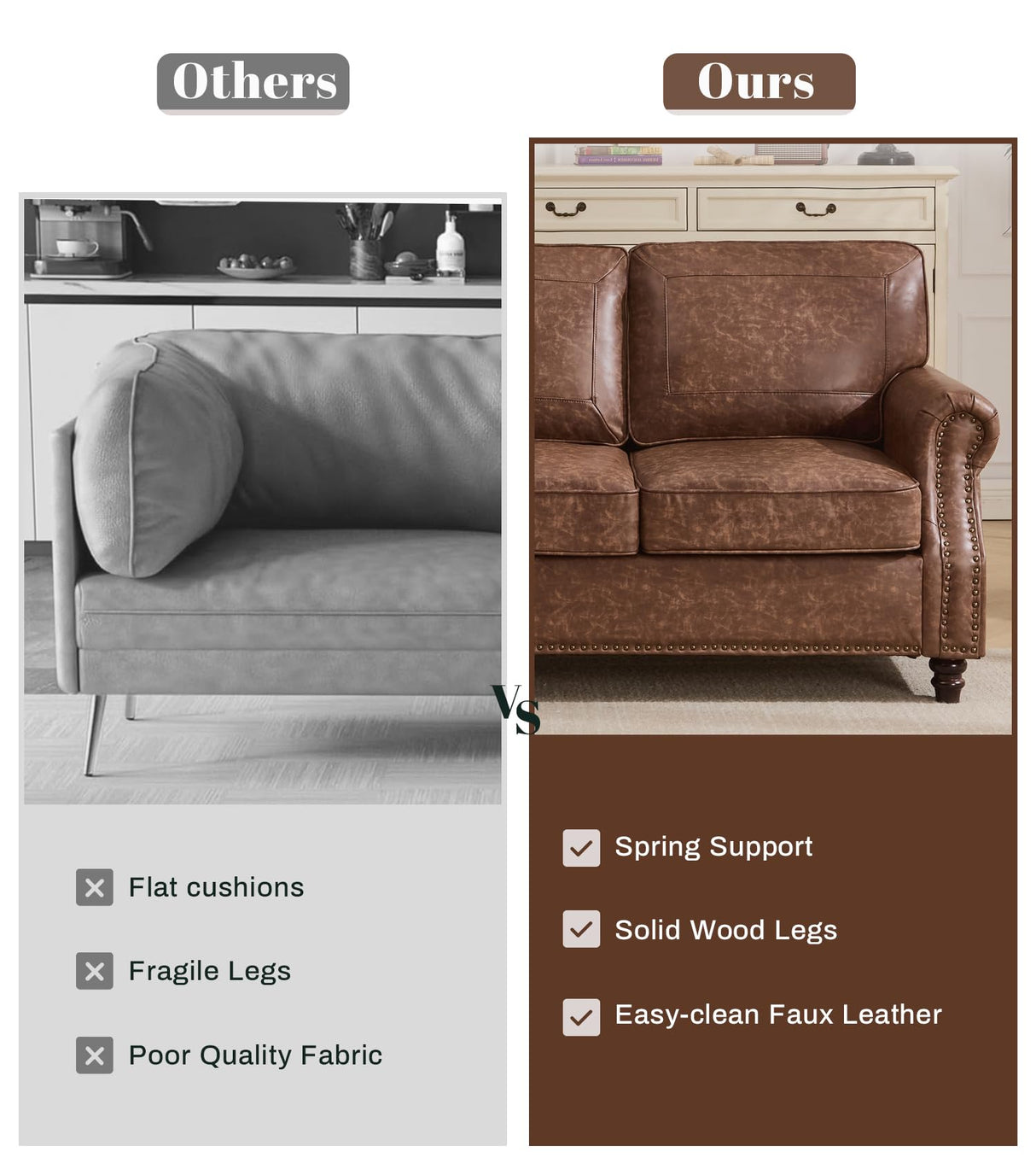 WILLOVE 79'' Faux Leather Sofas for Living Room, Mid Century Modern Couches with Rolled Arm & Nailhead Trim for Small Space, Apartment, Dark Brown WILLOVE