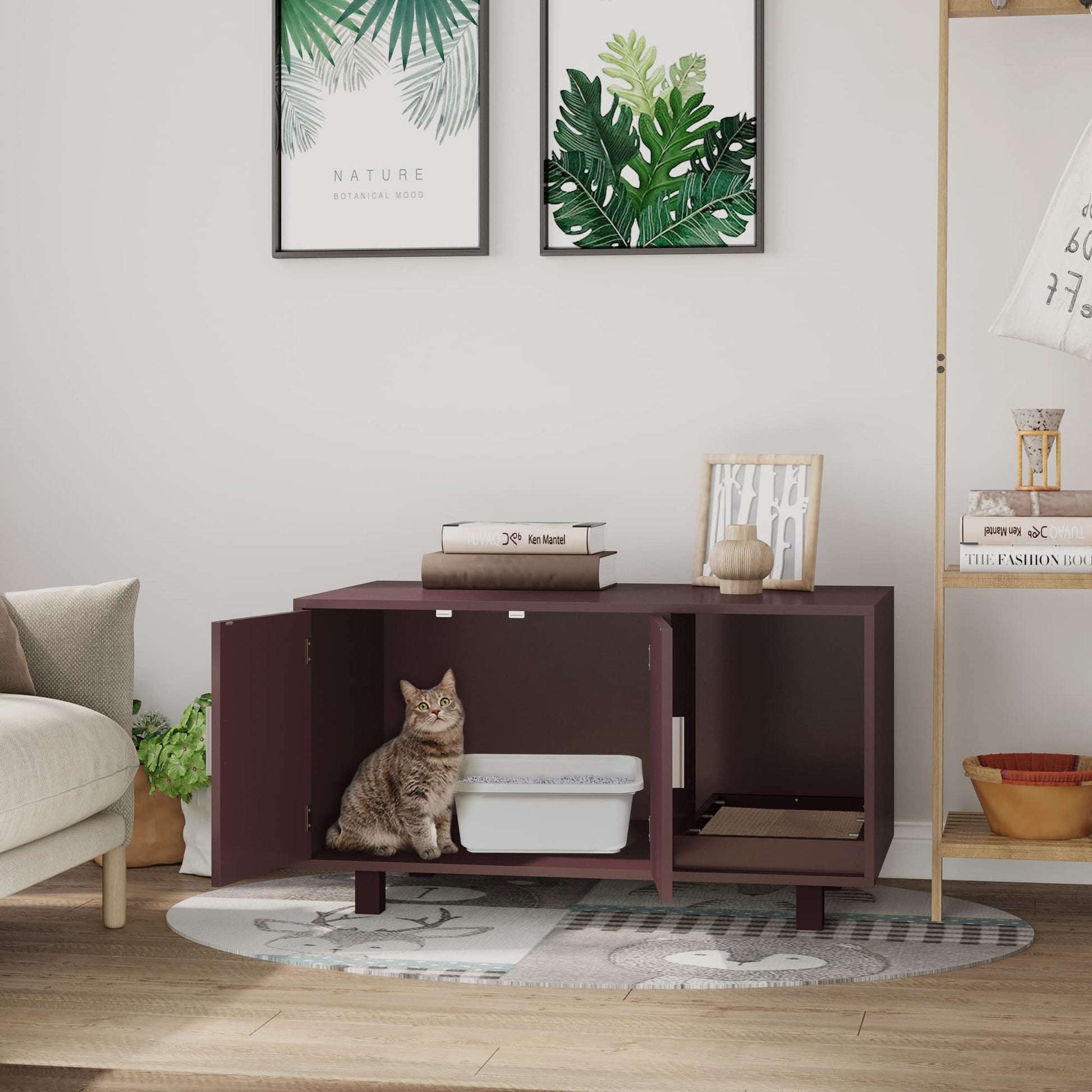 PawHut Wooden Cat Litter Box Enclosure & House, Kitty Hidden Washroom, with End Table Design, Scratcher, & Magnetic Doors, Brown - WoodArtSupply