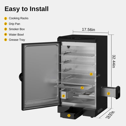 EAST OAK 30-inch Electric Smoker, Outdoor Smoker with Convenient Side Wood Chip Loader, 725 Sq Inches of Cooking, Digital Control and 4 Removable Racks for Outdoor Kitchen, BBQ, Backyard, Black