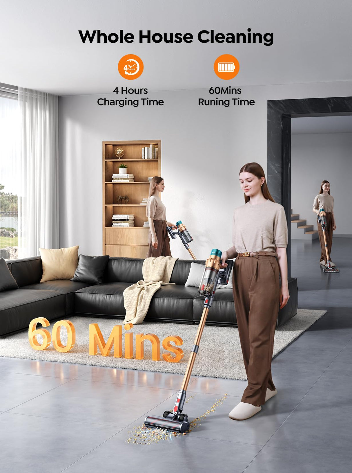 Cordless Vacuum Cleaner, 550W 45KPA 60 Mins Runtime Self-Standing Vacuum Cleaners for Home, Stick Vacuum with Charging Dock Station Removable Battery, Handheld Vacuum for Pet Hair/Carpet/Floor SMOTURE