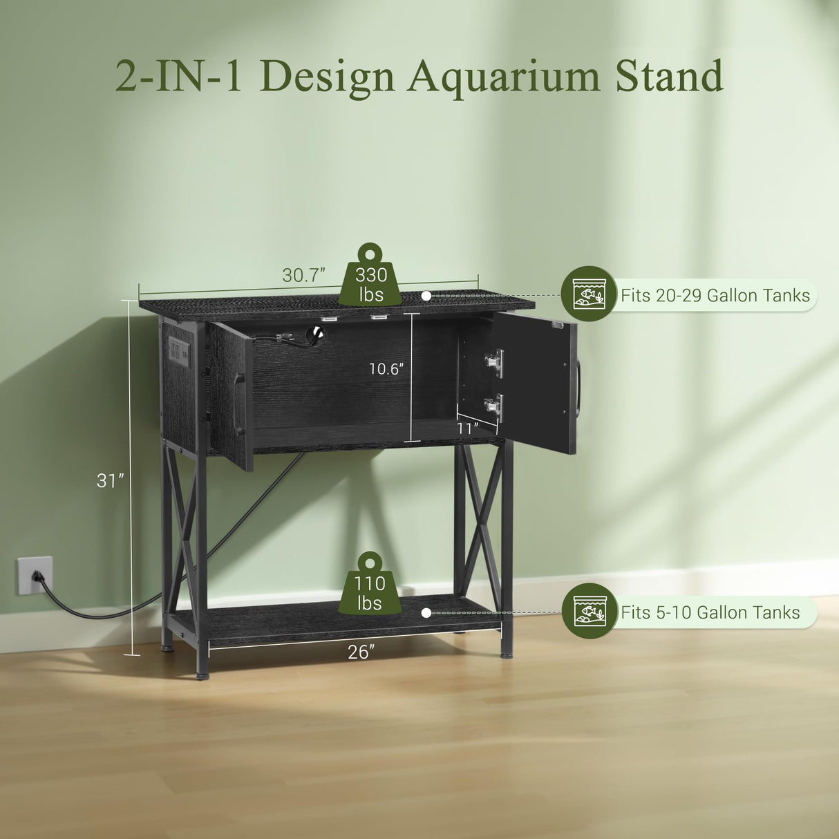 ZENY 20-29 Gallon Fish Tank Stand with Cabinet for Fish Tank Accessories Storage, Metal Double Aquarium Stand, 30.71''L x 12.6''W Tabletop, 330LBS Capacity ZENY