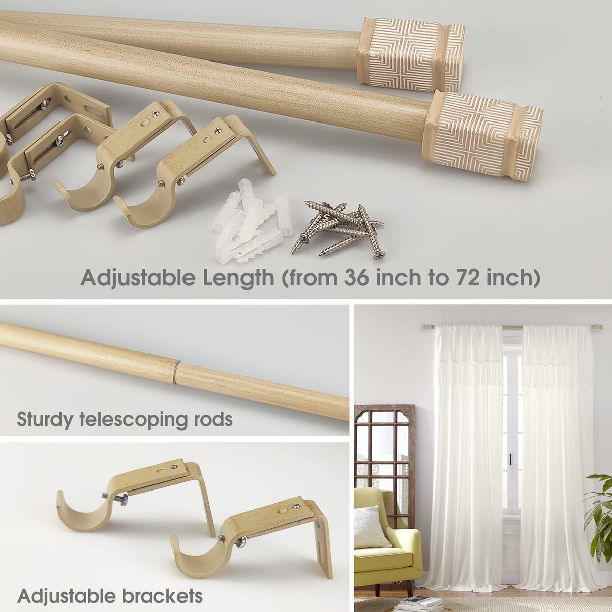SKYPLUS LIVING Rustic Boho Style Single Curtain Rod Set with Carved Square Finial, 36-72 inch, Standard Single Beige Drapery Rod for 1 Pack, 1 inch diameter, Adjustable Length SKYPLUS LIVING