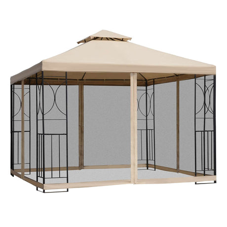 Outsunny 10' x 10' Patio Gazebo with Corner Shelves, Outdoor Gazebo Canopy Shelter with Netting, and Vented Roof, for Garden, Lawn, Backyard and Deck Outsunny