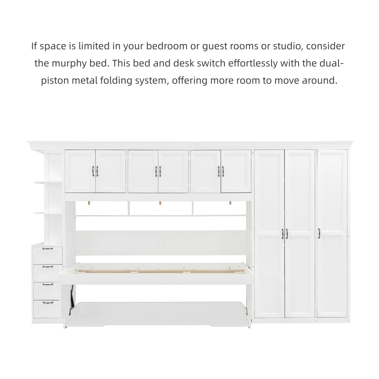 Merax Twin Size Murphy Bed with Desk, Multifunctional Wood Foldable Wall Bed with Wardrobe, Drawers and Cabinet, Space-Saving Hidden Bed for Guest Room Office, No Box Spring Needed, White Merax