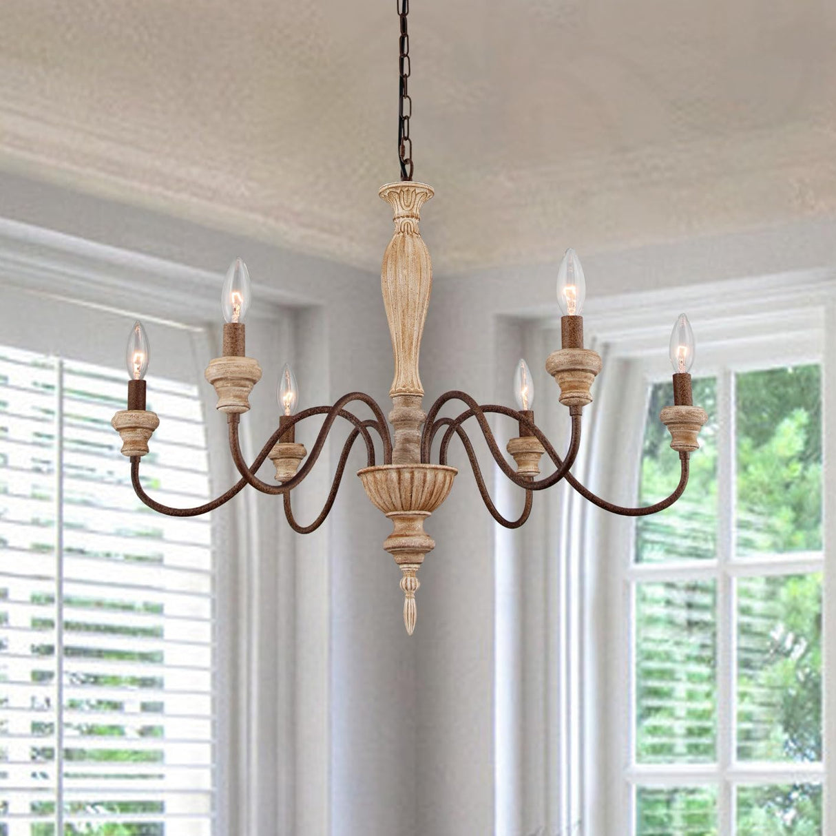 Fminlla French Country Chandelier 6-Lights Vintage Farmhouse Candle Style Chandelier Rustic Handmade Distressed Wood Chandelier for Dining Room Light Fixture, Living Room, Bedroom,Kitchen, E12 Fminlla
