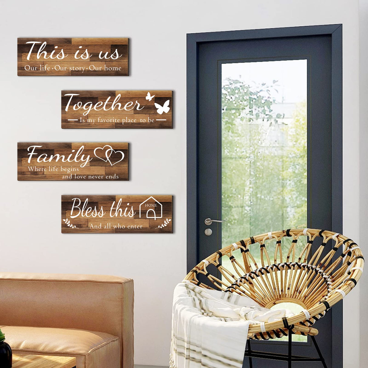 4 Pieces Home Wall Signs, THIS IS US/TOGETHER/BLESS THIS HOME/FAMILY Wall Decor For Living Room Bedroom, Rustic Wooden Farmhouse Wall Art , 4.7 x 13.8 Inch(Brown) Joyhawk
