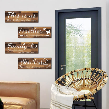 4 Pieces Home Wall Signs, THIS IS US/TOGETHER/BLESS THIS HOME/FAMILY Wall Decor For Living Room Bedroom, Rustic Wooden Farmhouse Wall Art , 4.7 x 13.8 Inch(Brown)