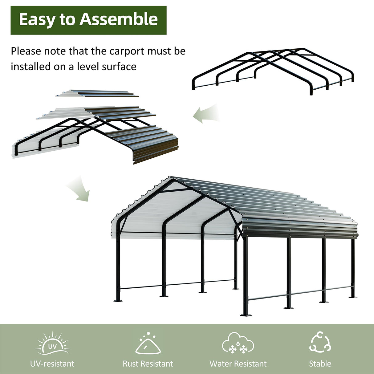JAMFLY 12X15 FT Carport, Heavy Duty Carport Canopy with Galvanized Steel Roof and Frame, Metal Carport Upgraded Extra Large Garage for Pickup, Boat, Car and Tractors JAMFLY