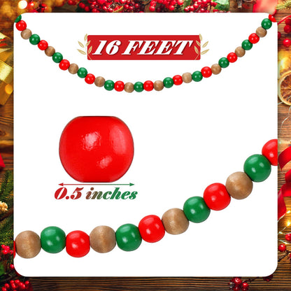 16 Feet Christmas Wooden Bead Garland Christmas Wood Red and Green Bead Garland Decor Xmas Candy Cane Decoration Farmhouse Rustic Bead Tree Decoration for Holiday Party