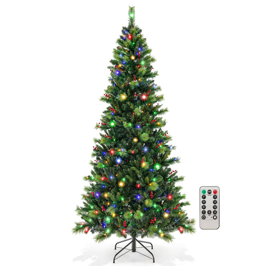 Goplus 8ft Pre-Lit Artificial Christmas Tree, Hinged Xmas Tree with 1272 PVC & Pine Needles Branch Tips, 500 Multi-Color & Warm-White LED Lights, 9 Lighting Modes, Timer, for Holiday Home Office Decor